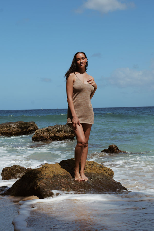 Side view of the INDIE Dress showing relaxed fit and texture