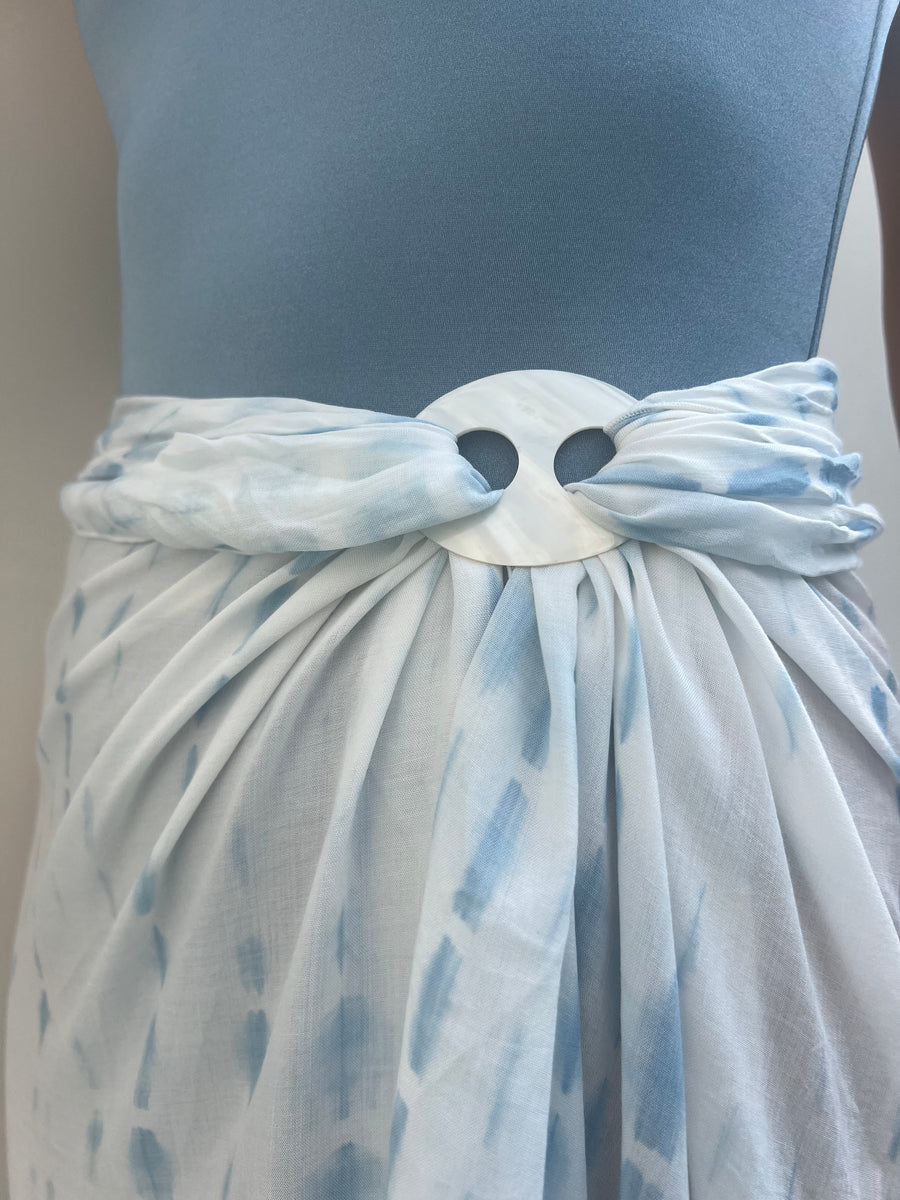 Full-length view of PALM blue tie-dye sarong showing pattern