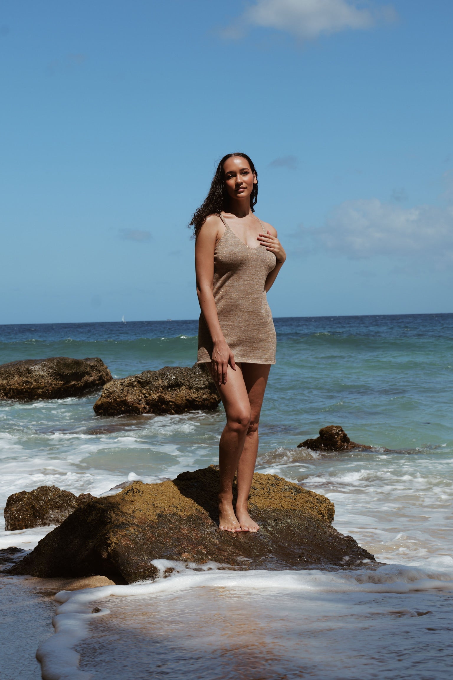 Side view of the INDIE Dress showing relaxed fit and texture