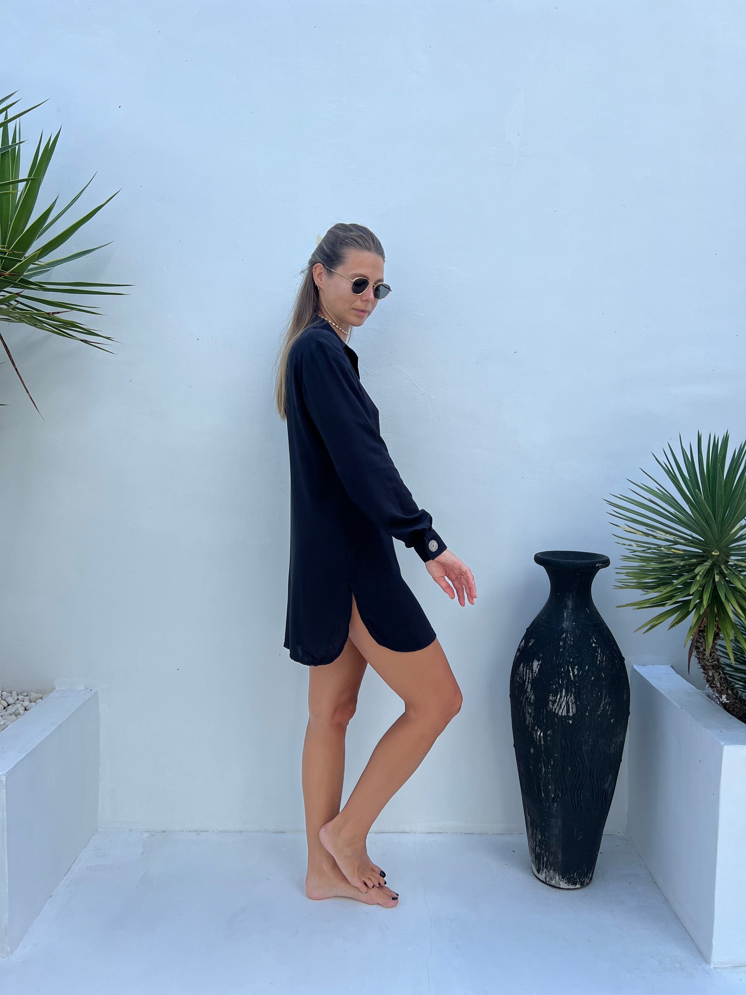Full-length view of MILA black shirt dress showing relaxed fit