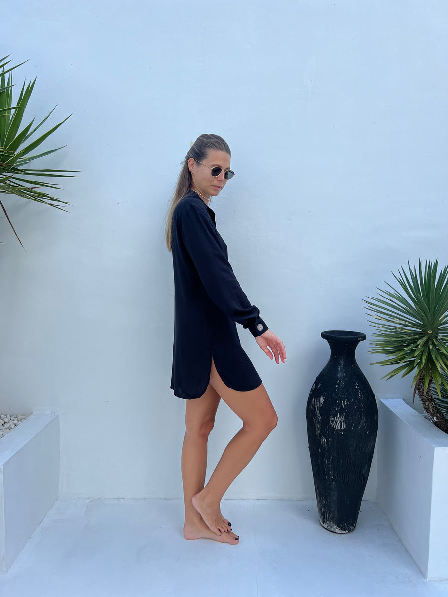 Full-length view of MILA black shirt dress showing relaxed fit